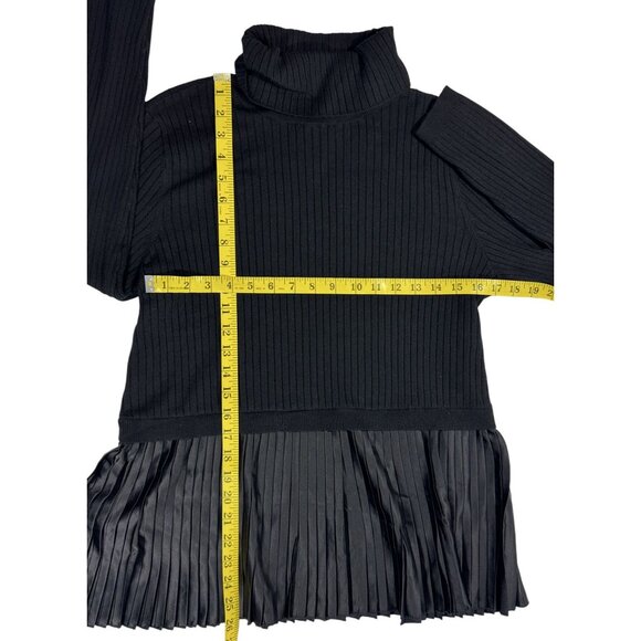 NINE WEST Size M Women Black Ribbed Knit Top With Pleated Satin Hem & Turtleneck - Picture 4 of 5